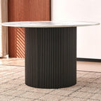 NORDICANA 47 Inch Round Dining Table, Modern Kitchen Dinner Table for 4–6 People, MDF Core, Two-Part Wood Table Top White with Black Strip Columns Base, Table only