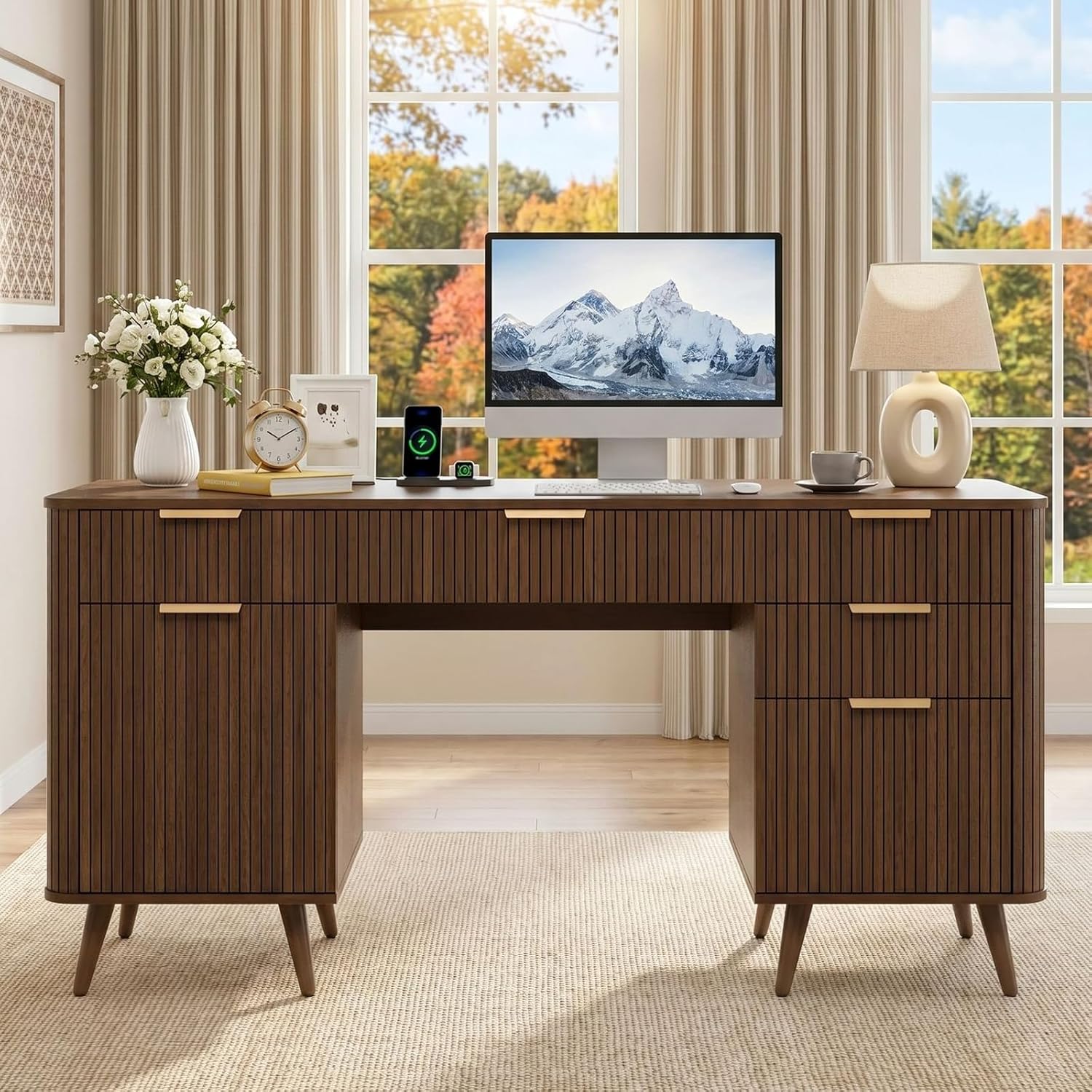 Alohappy 59" Fluted Executive Desk with 5 Drawers & Charging Station, Large Wood Computer Desk with File Drawer and Storage Cabinet, Modern Home Office Desk with Power Outlet for Study, Walnut