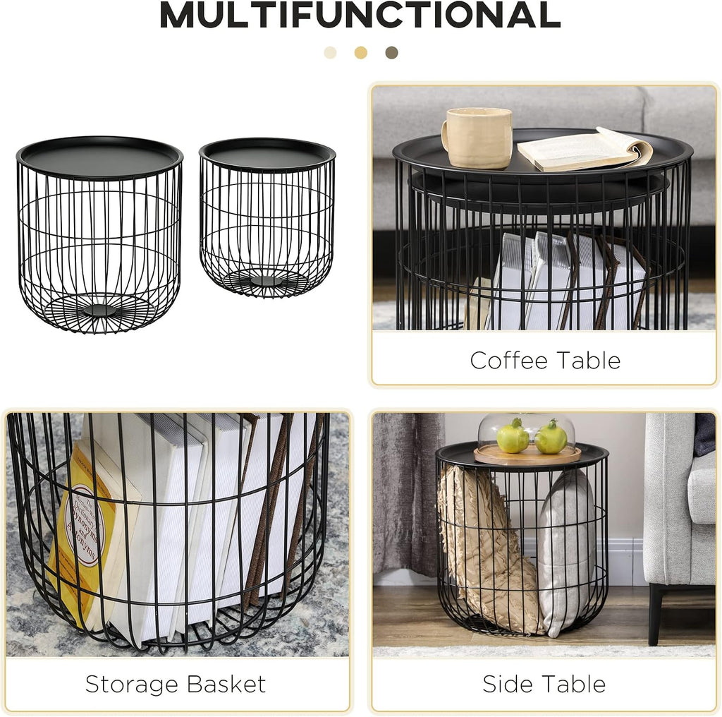 HOMCOM Nesting Coffee Tables, Round Coffee Table Set of 2 with Steel Wired Basket Body and Removable Top, Stacking End Tables Blanket Storage for Living Room, Black