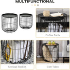 HOMCOM Nesting Coffee Tables, Round Coffee Table Set of 2 with Steel Wired Basket Body and Removable Top, Stacking End Tables Blanket Storage for Living Room, Black