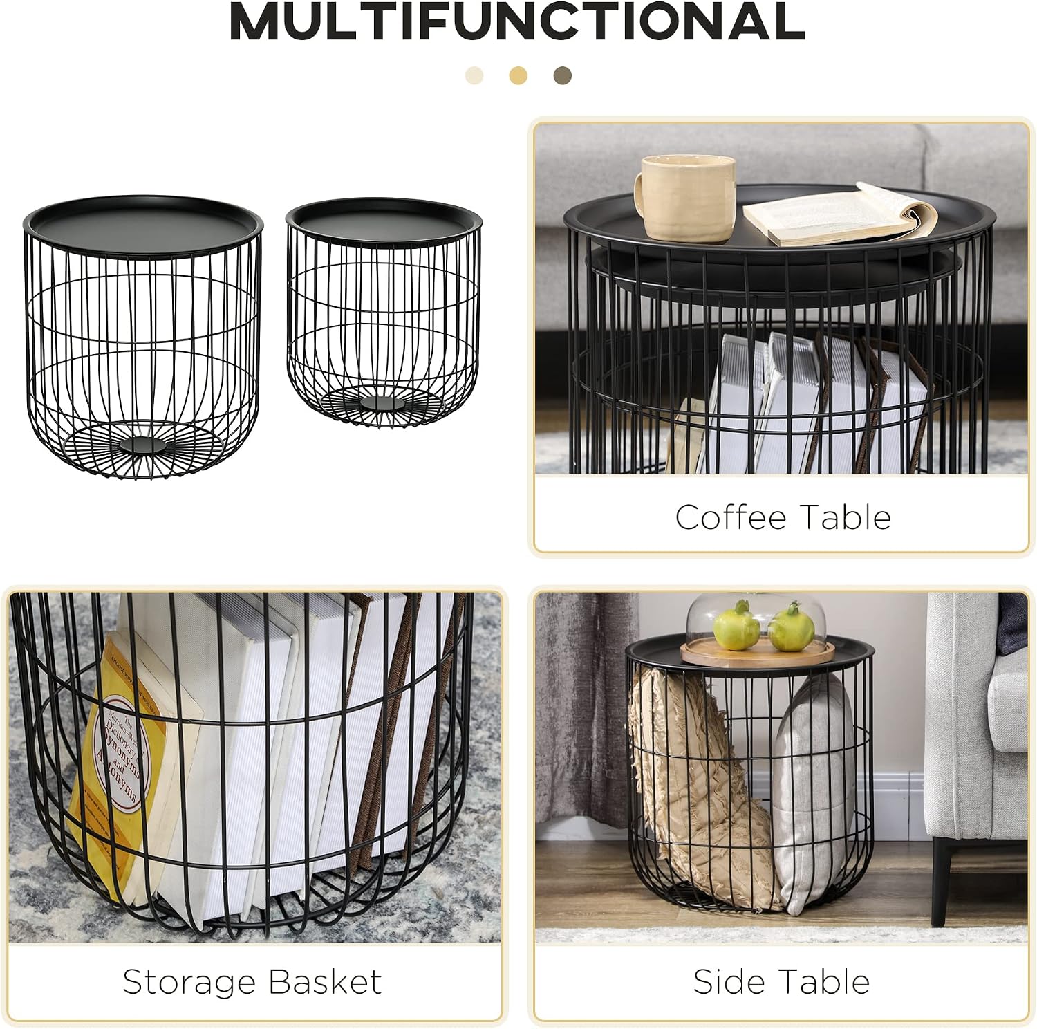 HOMCOM Nesting Coffee Tables, Round Coffee Table Set of 2 with Steel Wired Basket Body and Removable Top, Stacking End Tables Blanket Storage for Living Room, Black