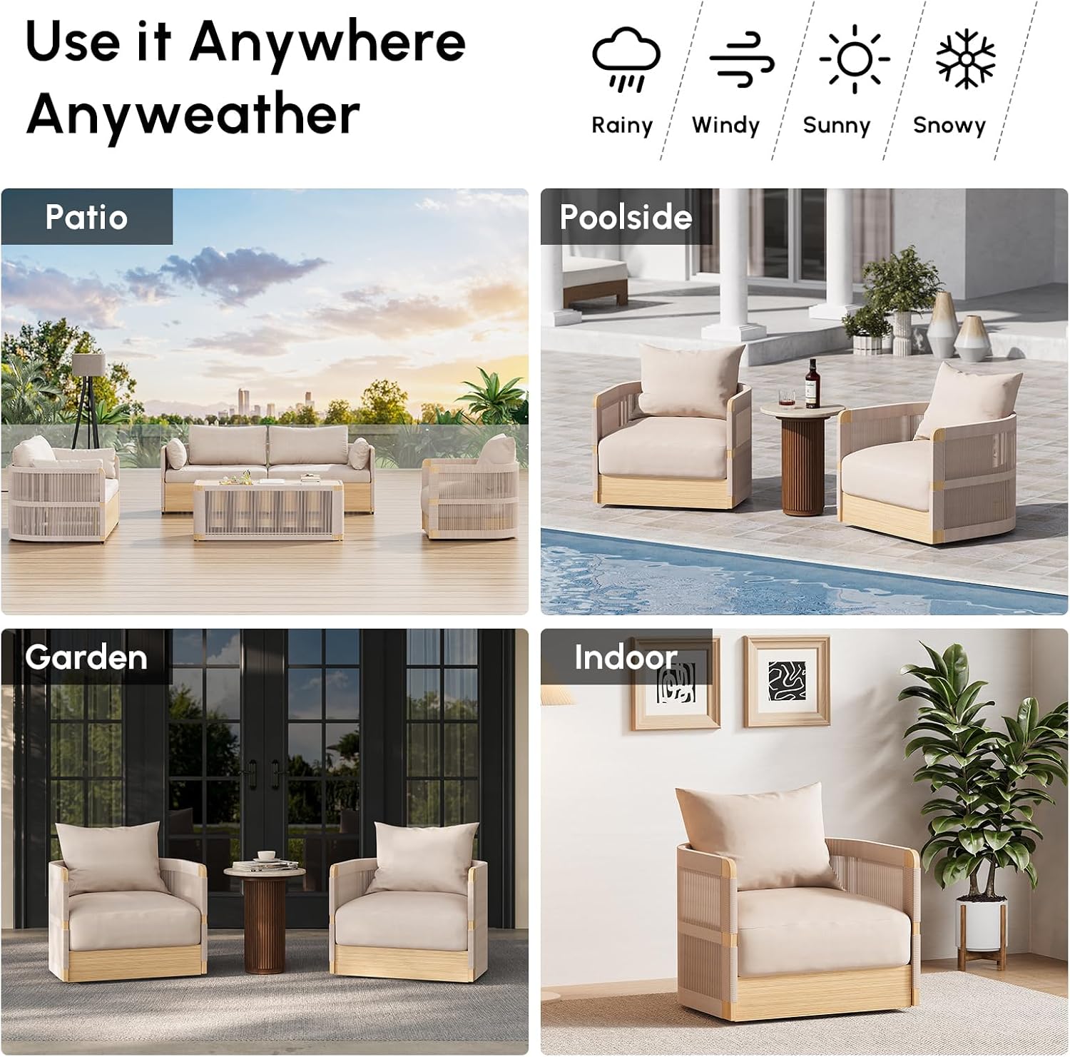homary Patio Rattan 360° Swivel Chair Pieces of 2, Outdoor Wicker Furniture with Thickened Rainproof Cushion and Aluminum Frame for Garden, Balcony, Indoor, Khaki