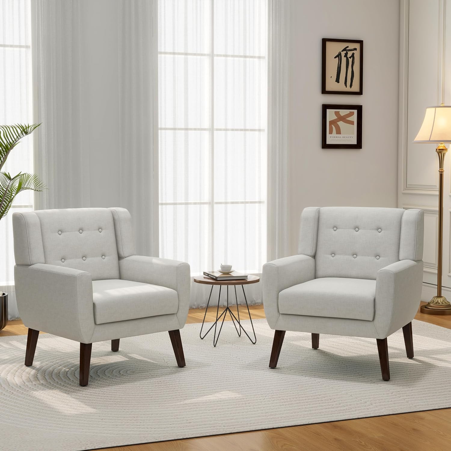 Accent Chair Set of 1, Comfy Reading Armchair, Beige | Linen Blend, Tufted Button Backrest, Solid Wood Frame, Upholstered Club Single Sofa Chairs, For Living Room & Bedroom