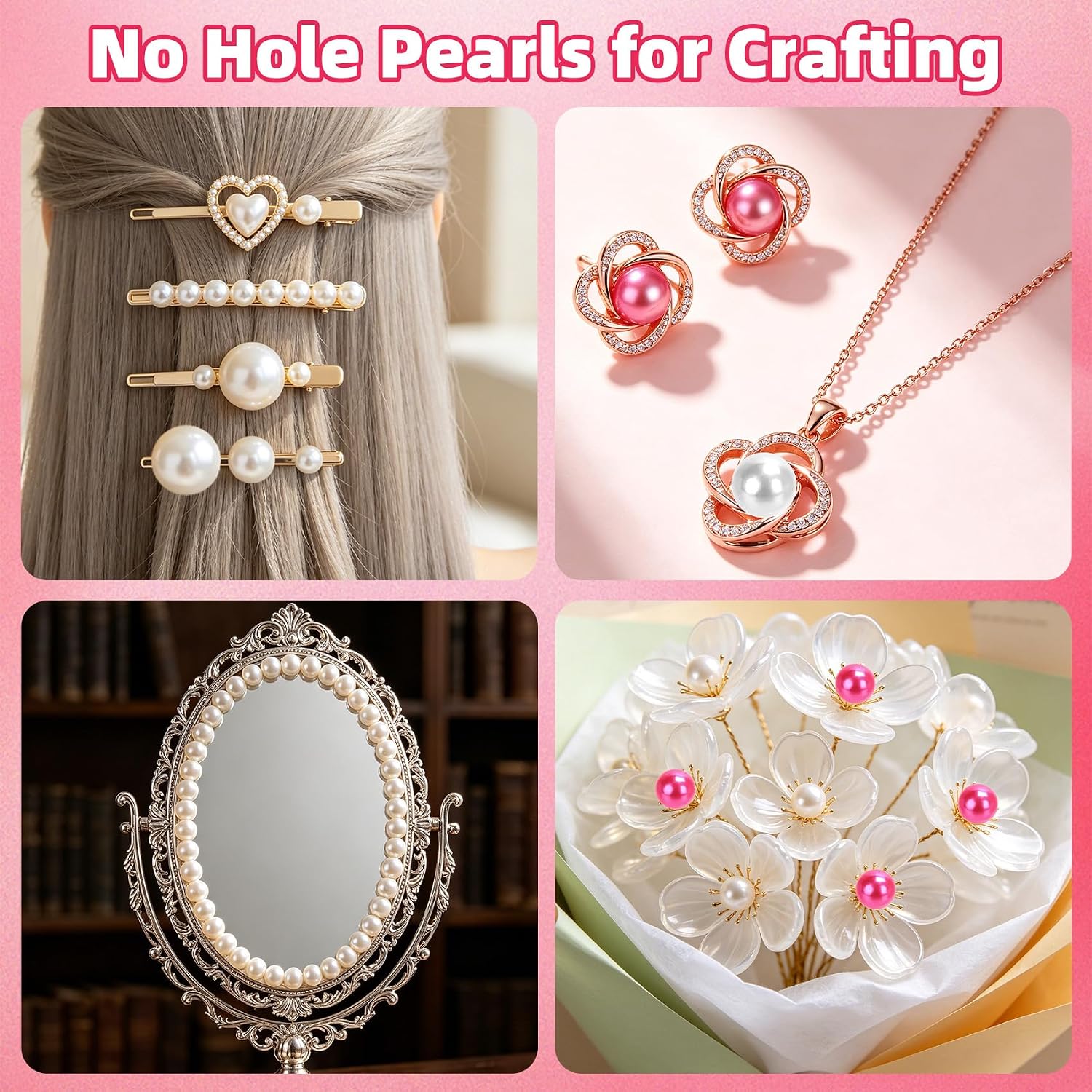 300PCS No Hole Pearls for Vase Filler Beads, 8/14/20 mm Floating Pearls for Centerpieces Vases, Pink White Faux Pearl Round Foating Beads for Crafts Wedding Party Decor DIY Candles Centerpiece