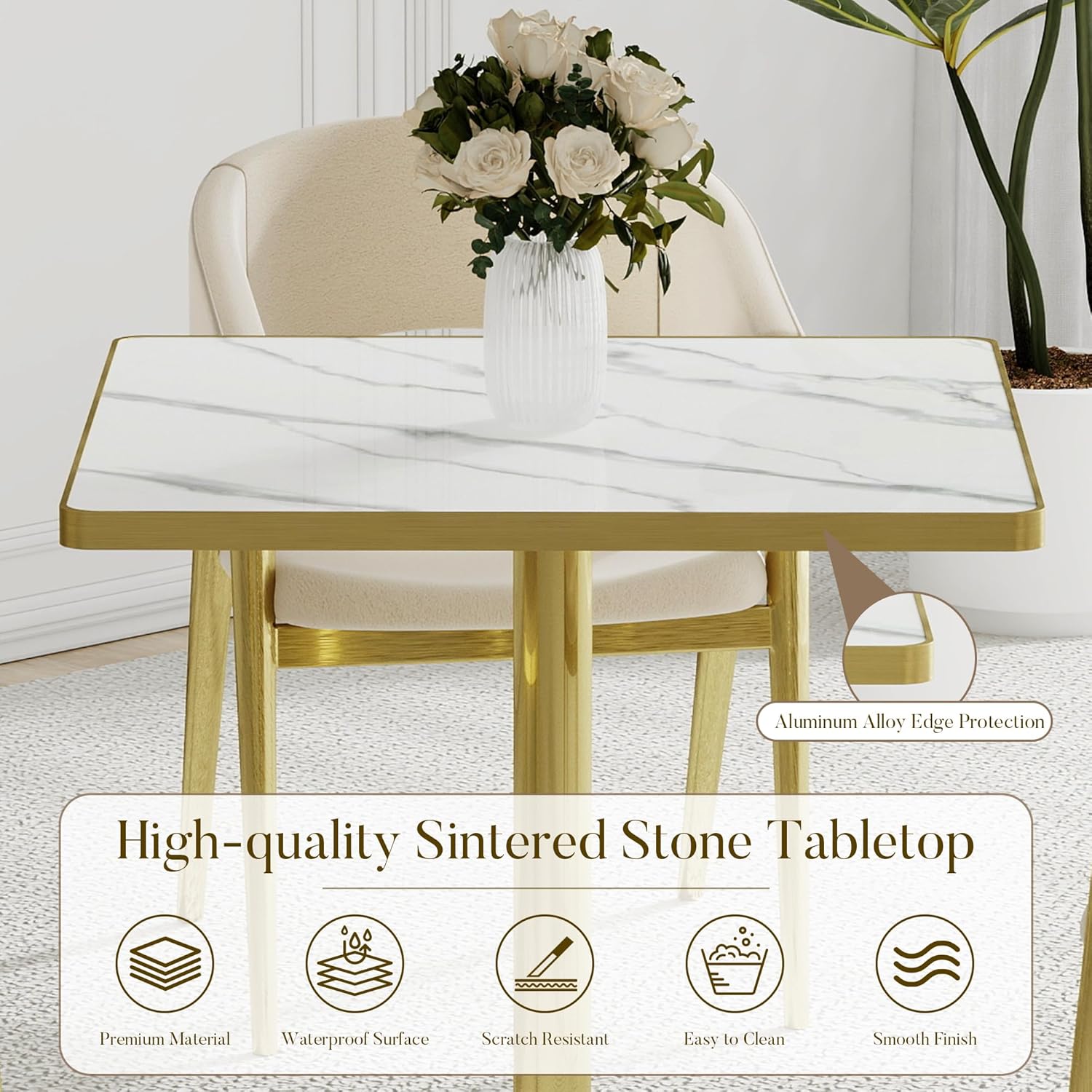 31.5'' Square Modern Dinning Table with Sintered Stone Tabletop, Golden Edge & Pedestal Base, Bistro Tulip Table for 2-4 Person for Dining Room/Cafe/Small Spaces/Restaurant (Snow Peak Marble)