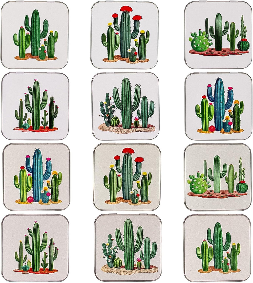 Goodma 12 Pieces Square Metal Empty Tins with Hinged Lid | Home Storage Containers Organizer, Mini Box, Cactus Image, 2.76x2.76x0.79 inch, 2 Colors Assorted