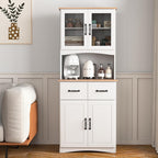 White Wooden Kitchen Pantry Cabinet with Glass Doors & Drawers – 66.9" Tall Microwave Stand with Adjustable Shelves, Storage Hutch for Dishes, Appliances & Utensils (23.62"L x 15.75"W, MDF)