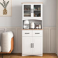 Farmhouse Kitchen Pantry Cabinet,Wooden Kitchen Cabinet White Pantry Room Storage Microwave Cabinet with Framed Glass Doors and Drawer Shelves