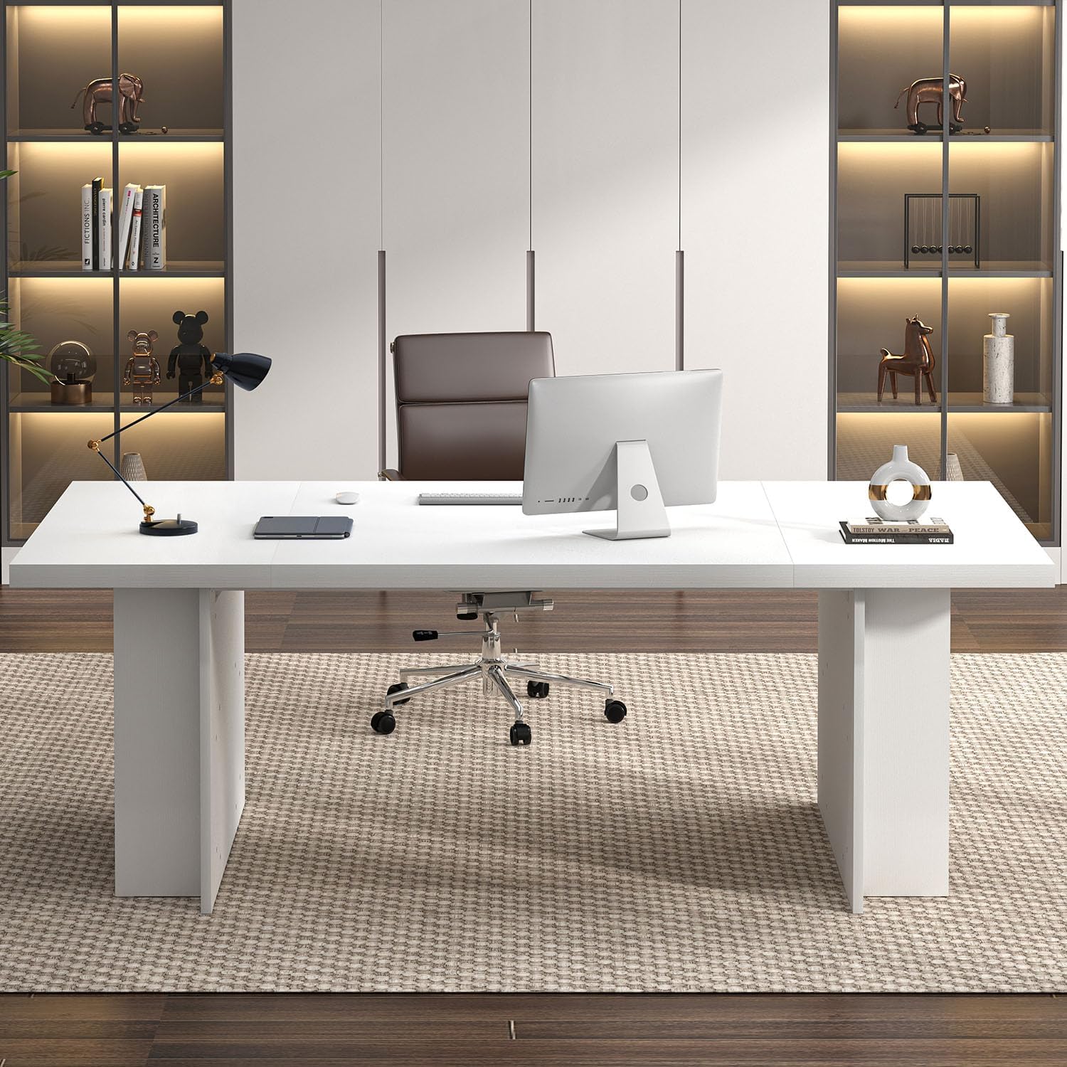 FOLUBAN 70" White Computer Desk, Large Executive Desk for Home Office, Modern Wood Conference Table Workstation with Side Storage Shelves, Long Study Writing Gaming Table for 2 Person