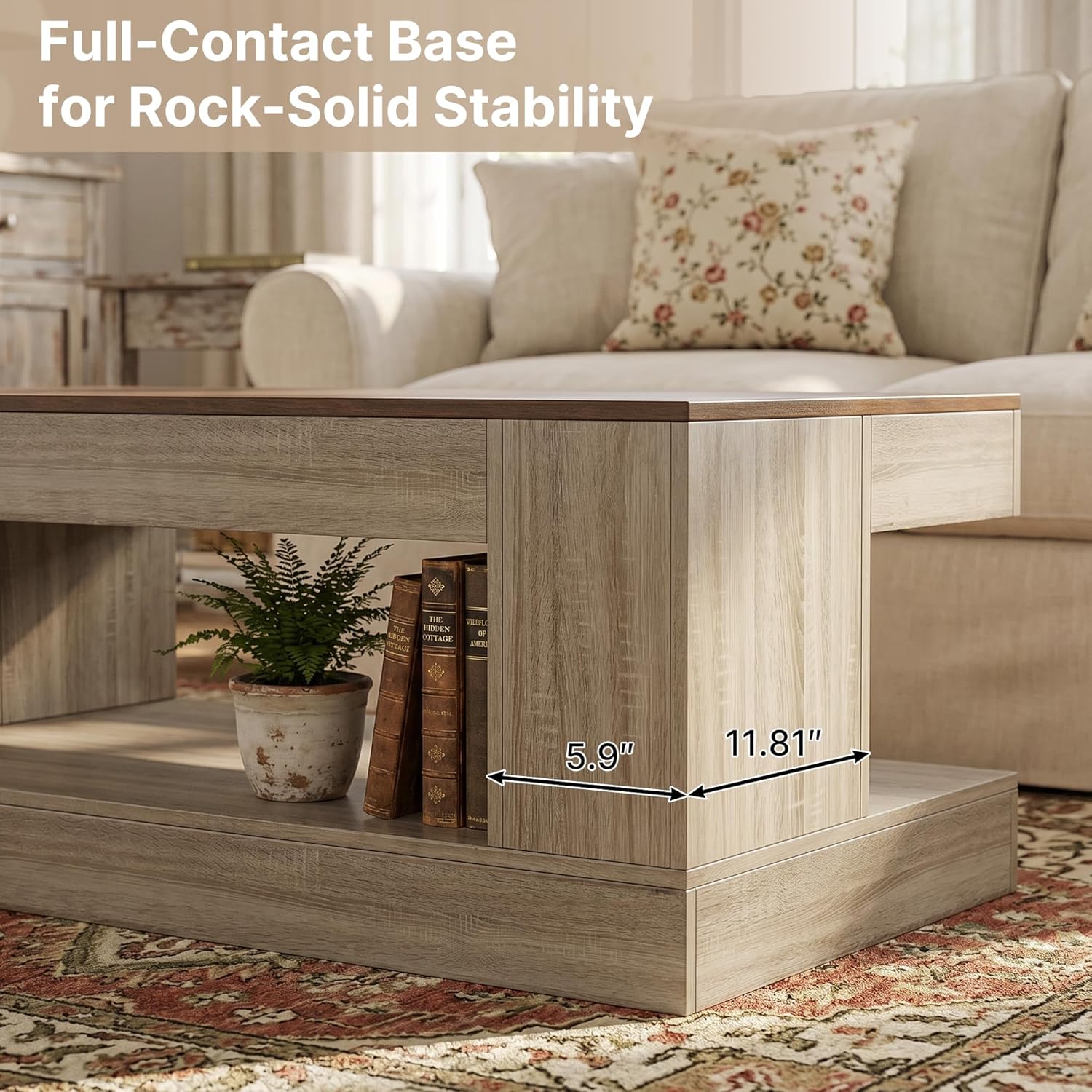Farmhouse Coffee Table for Living Room, 47 Inch Coffee Tables with Storage & LED Light, Thickened Wood Rectangular Living Room Table, Two-Tone, Walnut &Light Ash White