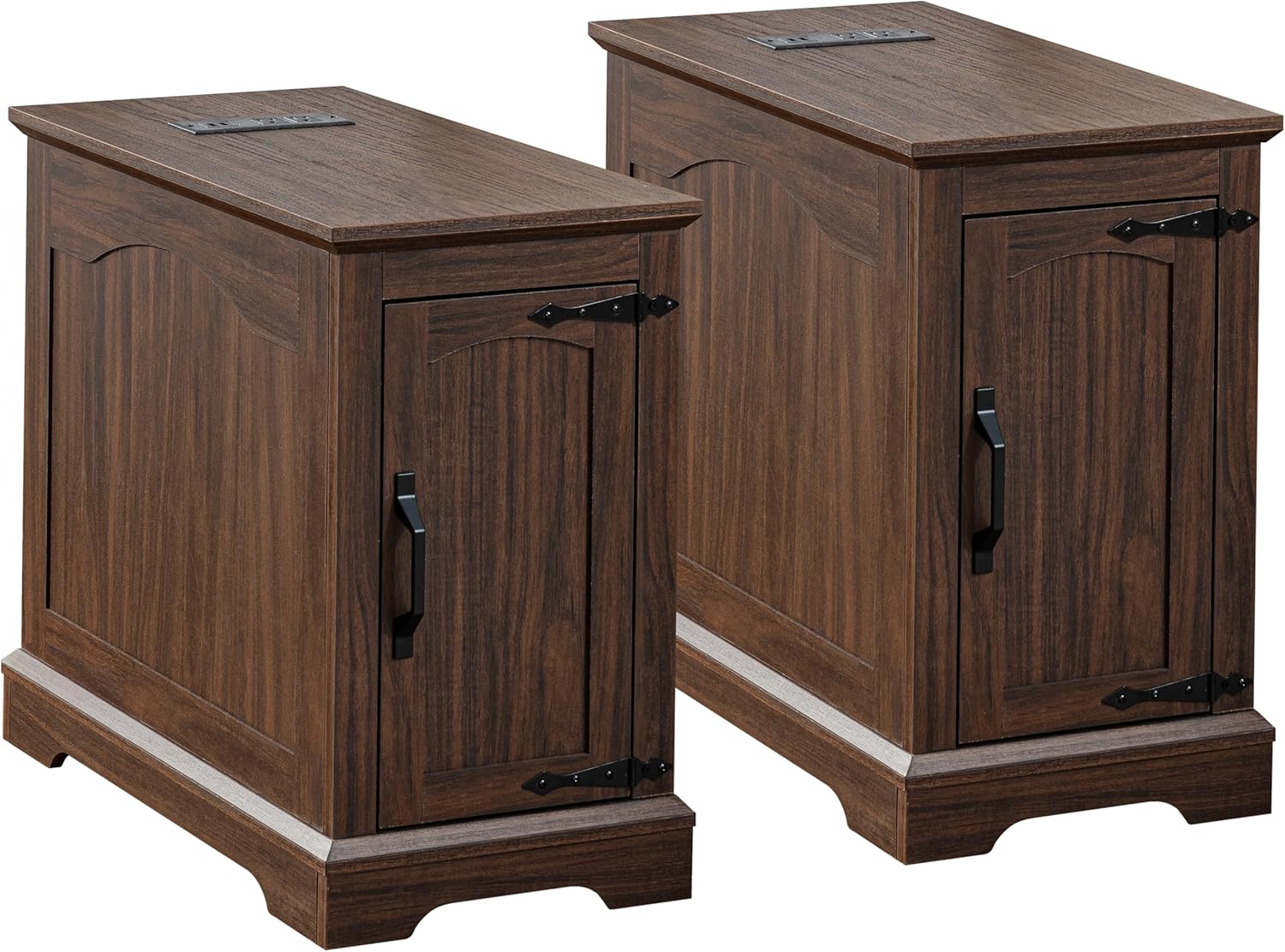 End Tables Set of 2 with Charging Station,Narrow Side Table with Storage for Sofa Couch or Bed Side, Farmhouse Nightstand with Wood Door for Bedroom Living Room(Walnut)