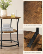 VASAGLE 21.7-Inch Round Side Table, 2-Tier End Table | Nightstand with Steel Frame, Spacious Top, for Small Spaces, Living Room, Bedroom, Rustic Brown and Ink Black ULET077K01