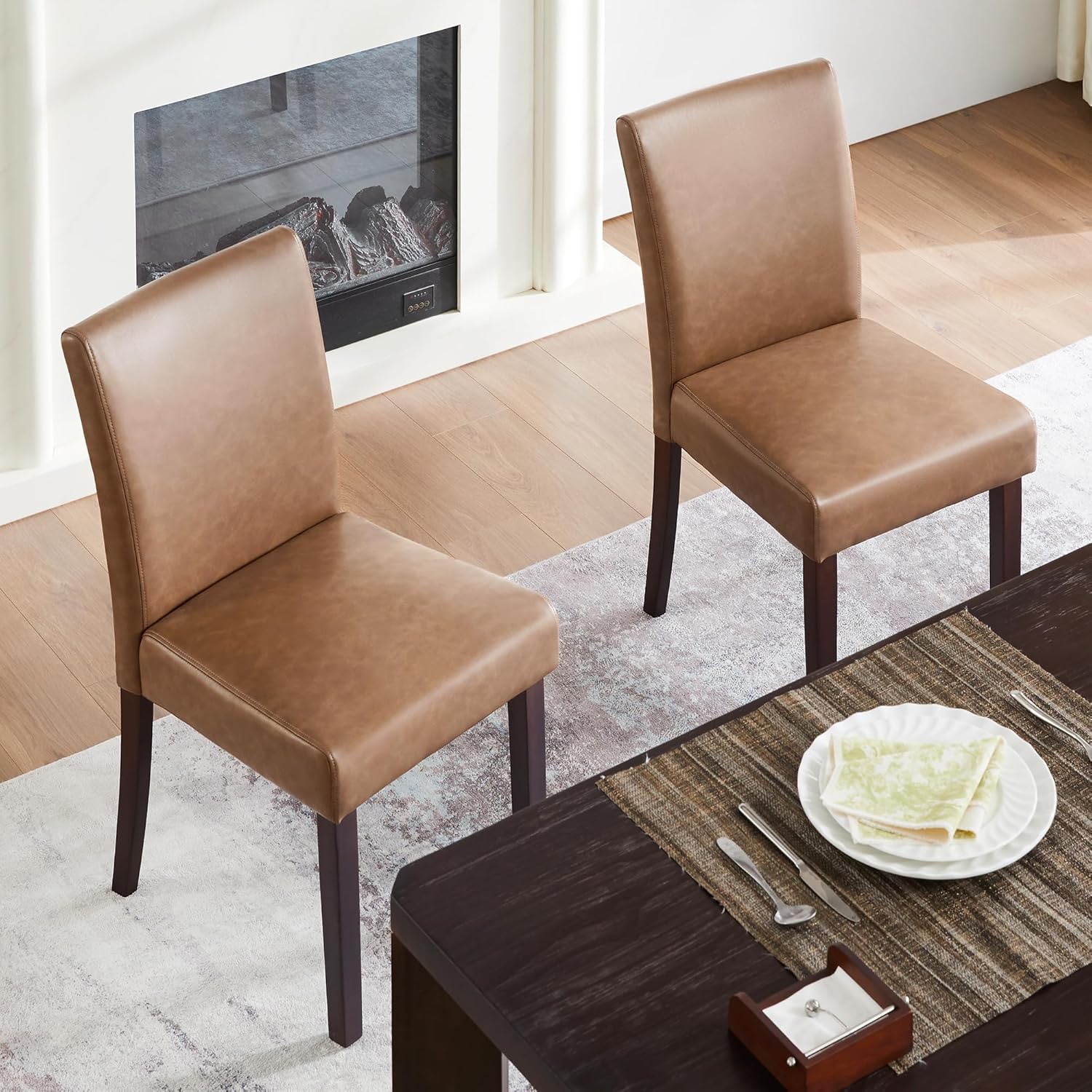 Watson & Whitely Upholstered Dining Chairs Set of 4, Faux Leather Armless Dining Room Chairs with Solid Wood Legs & Back Side Chair for Kitchen, Living Room, Restaurant, Saddle Brown