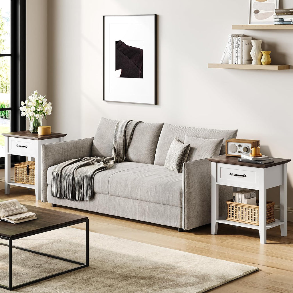 Side Table, Wood Coffee Table with Drawer Square Nightstand with Open Storage Shelf Narrow End Table 23.4'' Tall Sofa Table for Living Room, Bedroom, Office, White