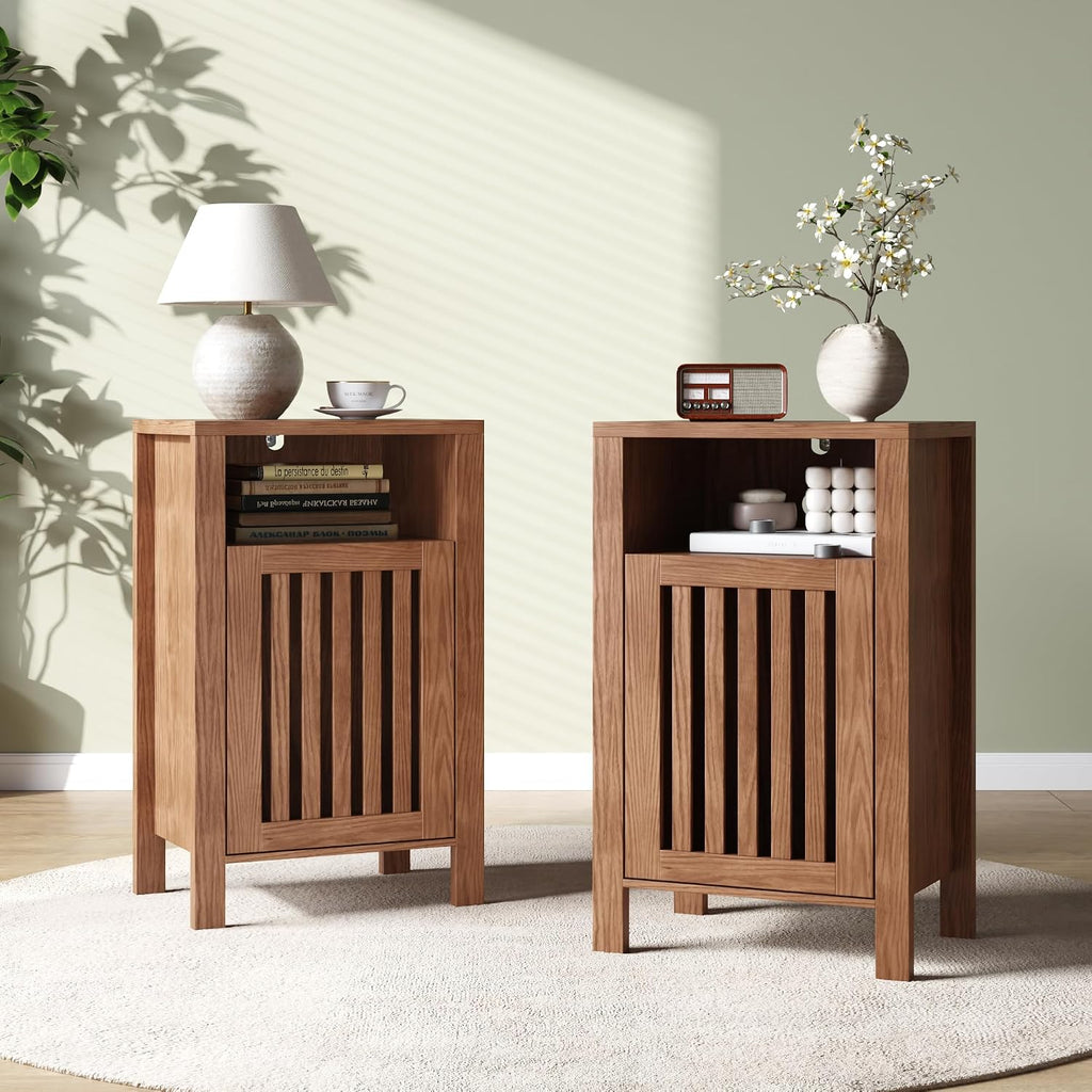 Farmhouse Nightstand Set of 2, Modern Bedside Table with Door and Open Shelf, Compact End Table Side Table with Storage for Small Spaces, Bedroom(Brown)
