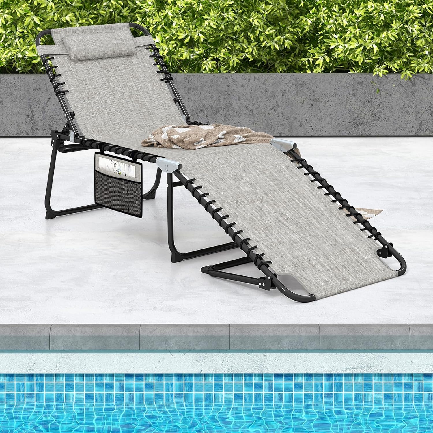 GYMAX Lounge Chair for Outside, 440lbs 27” Oversize Folding Beach Tanning Sunbath Chair with Adjustable Backrest & Removable Pillow, Lightweight Portable Patio Lounger for Lawn Poolside (2, Ashy)