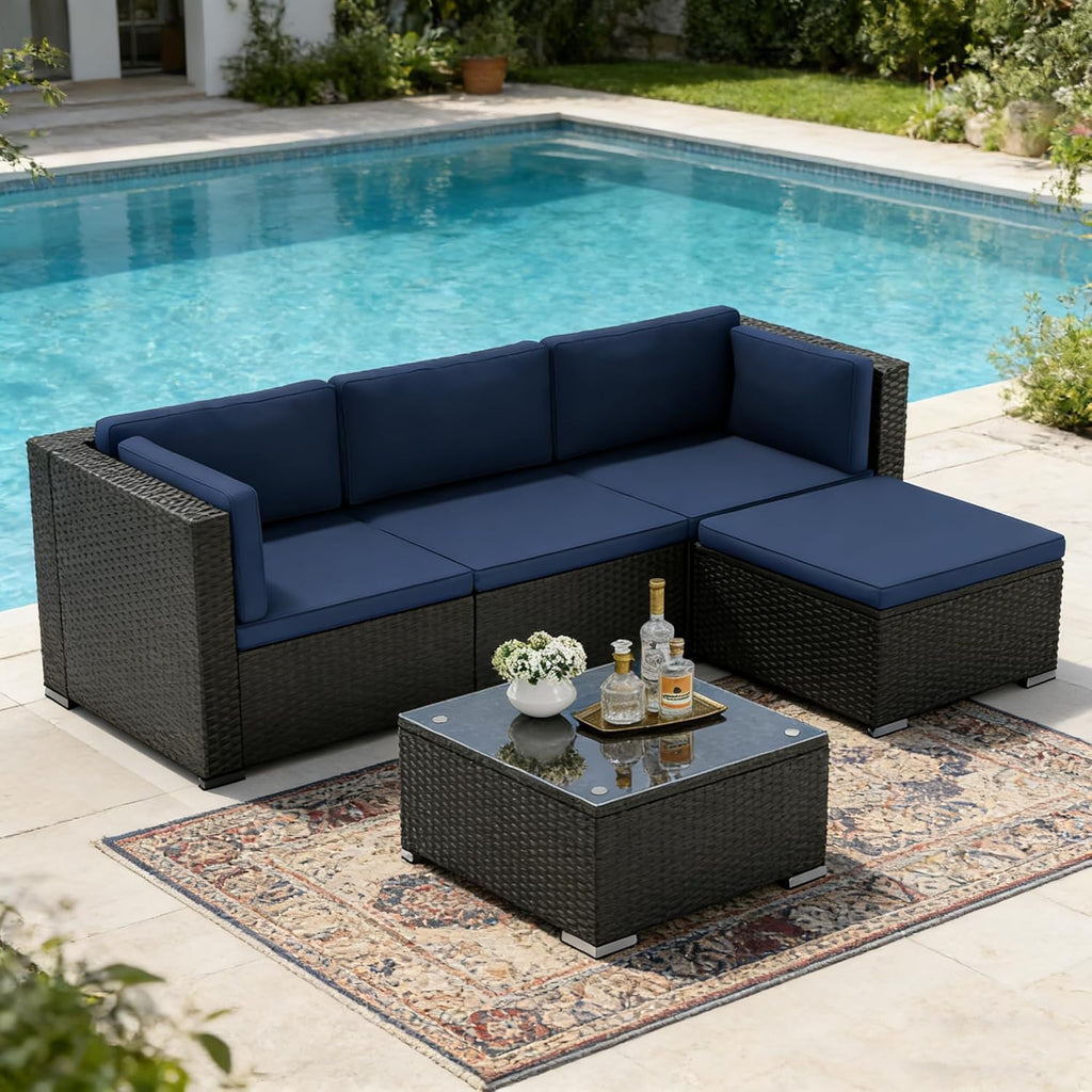 Incbruce 5 Pcs Patio Furniture Set with Ottoman, All-Weather PE Rattan Outdoor Sectional Sofas, Patio Sectional Furniture Set with Cushion & Glass Table (Blue)