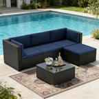 Incbruce 5 Pcs Patio Furniture Set with Ottoman, All-Weather PE Rattan Outdoor Sectional Sofas, Patio Sectional Furniture Set with Cushion & Glass Table (Blue)