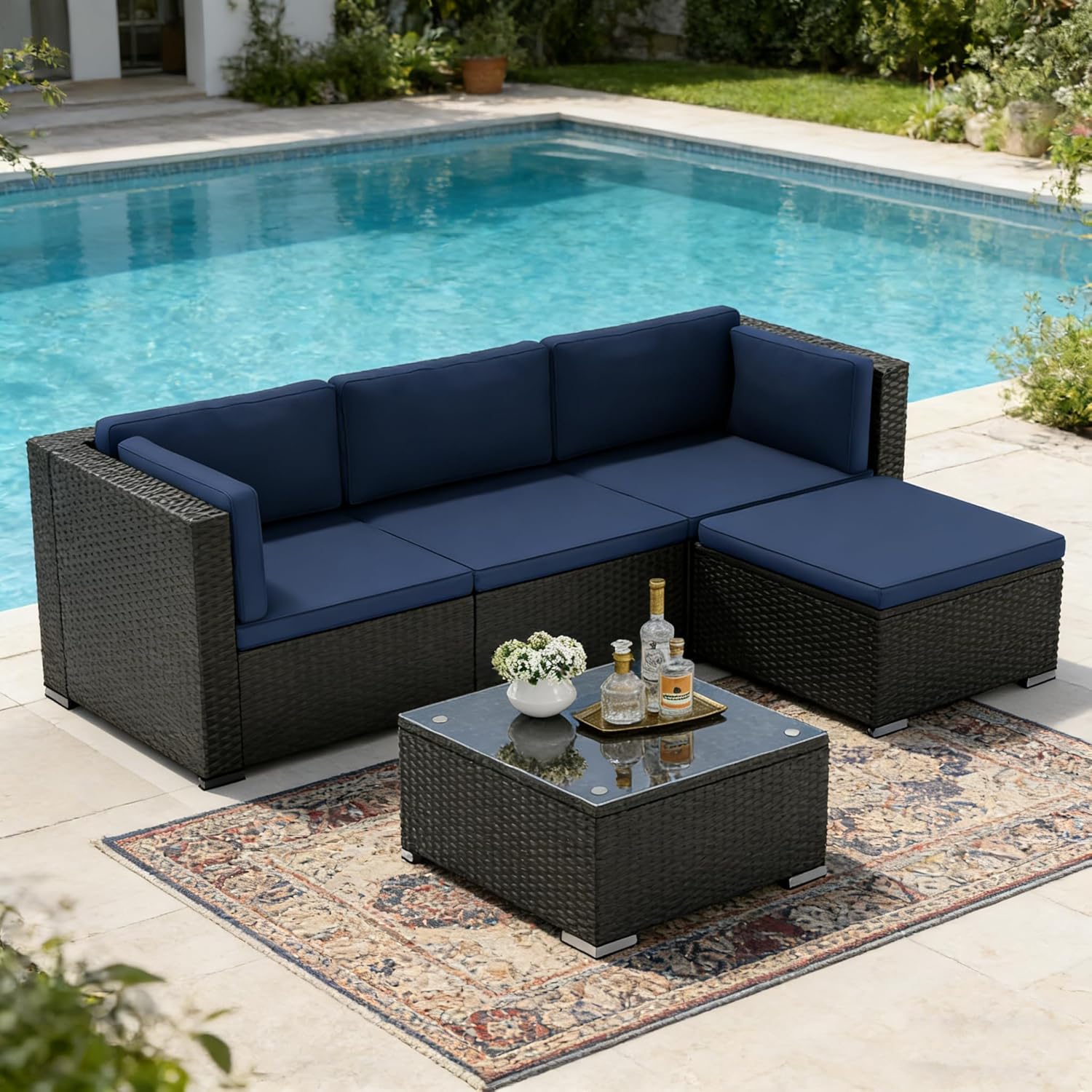Incbruce 5 Pcs Patio Furniture Set with Ottoman, All-Weather PE Rattan Outdoor Sectional Sofas, Patio Sectional Furniture Set with Cushion & Glass Table (Blue)
