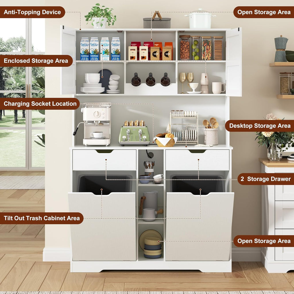 71"H Kitchen Pantry Storage Cabinet with Power Outlets and Two Drawers,10X2 Gallon Kitchen Hidden Double Tilt Out Trash Can Cabinet with Trash Bin Storage Holders,Laundry Hamper Cabinets(White)