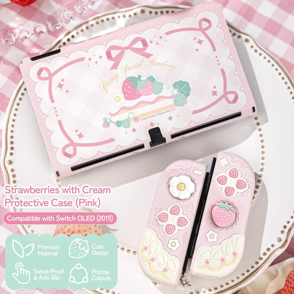 GeekShare Strawberries with Cream Case Compatible with Switch OLED, Soft Silicone Slim Protective Cover with Separable Shell and 2 Thumb Grips (Pink)