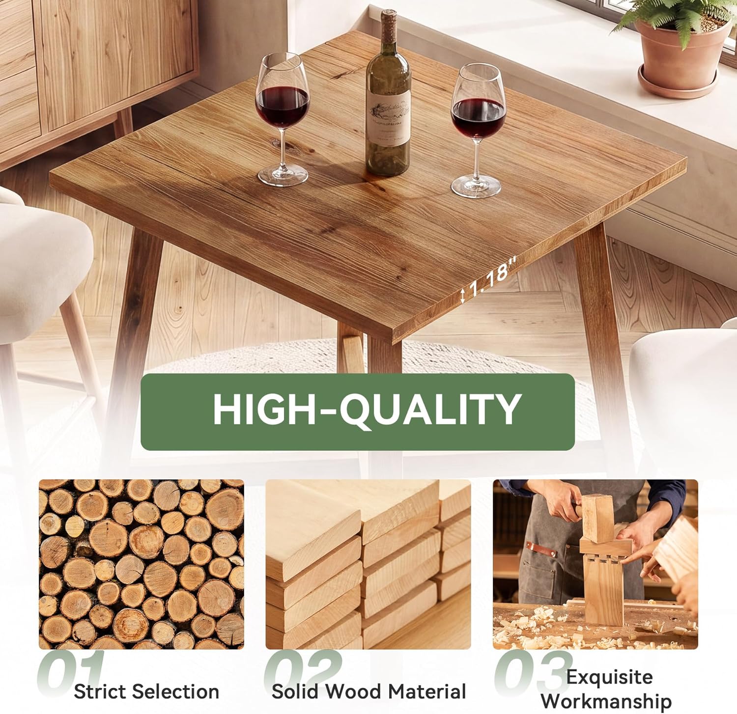 Solid Wood Bar Table, 31.5" Square Counter Height Pub Bistro Table with Footrest for Kitchen Dining Room, Farmhouse Small High Top Cocktail Furniture for Apartment Cafe, Brown