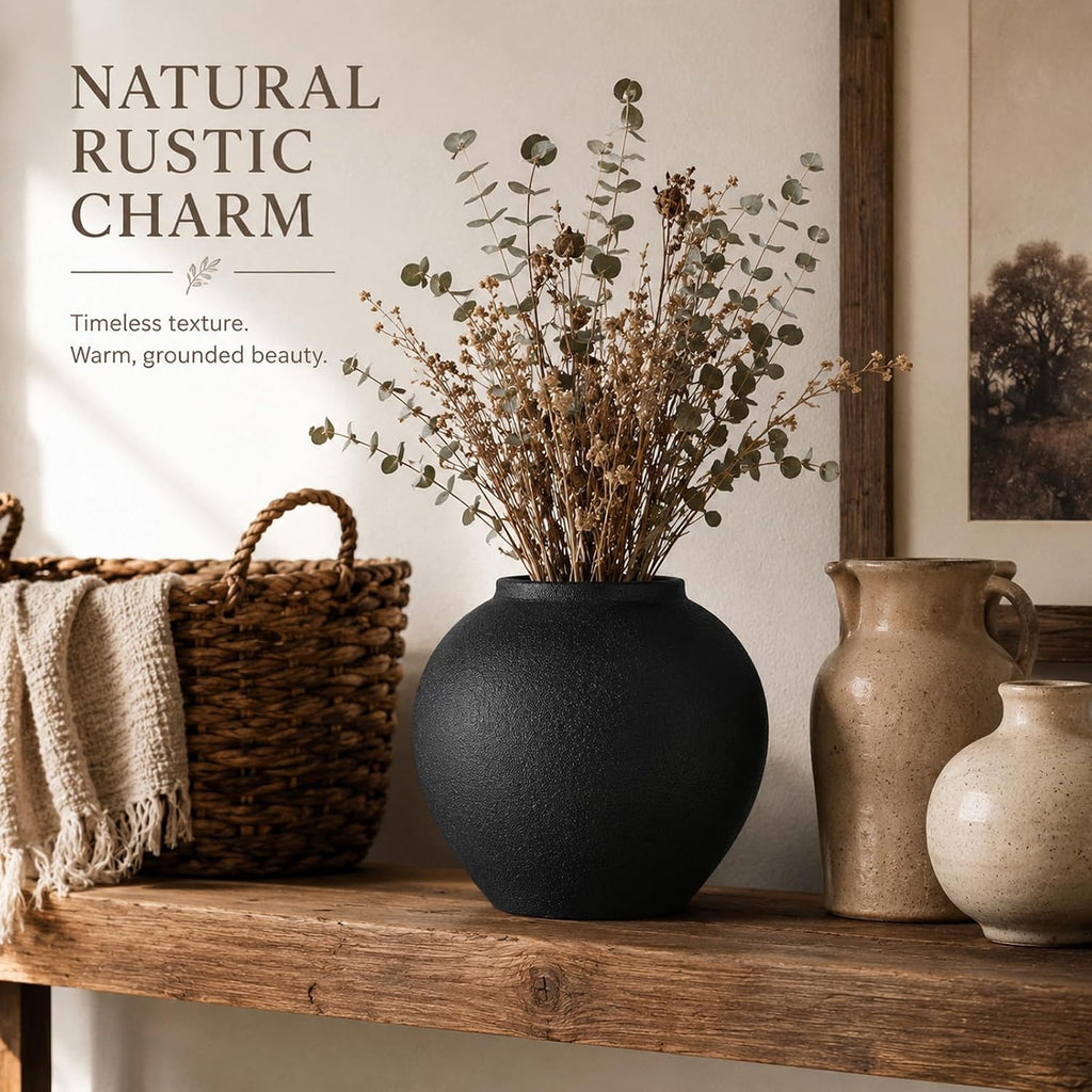 Rustic Ceramic Vase, 8.3" Black Farmhouse Tall Vase, Vintage Vases, Modern Terracotta Decor Vases for Home Decor, Living Room, Entryway, Table Centerpieces, Shelf, Kitchen, Housewarming Gifts