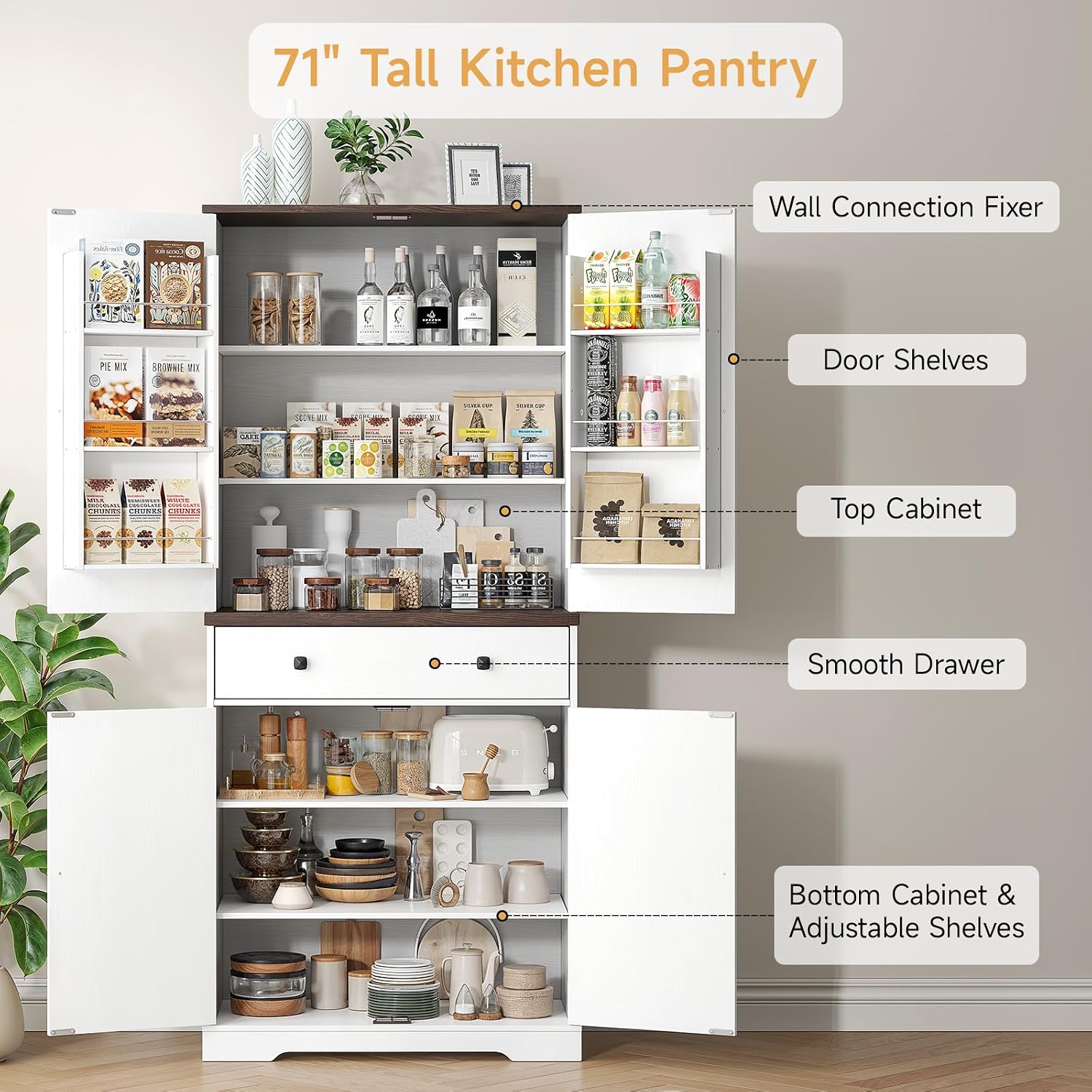 ONBRILL 71" Tall Farmhouse Kitchen Pantry Cabinet with 6 Door Shelves & Drawer, Wood Pantry Storage Cabinet with 2 Adjustable Shelves & 4 Barn Doors, Freestanding Cupboard for Kitchen, Dining Room