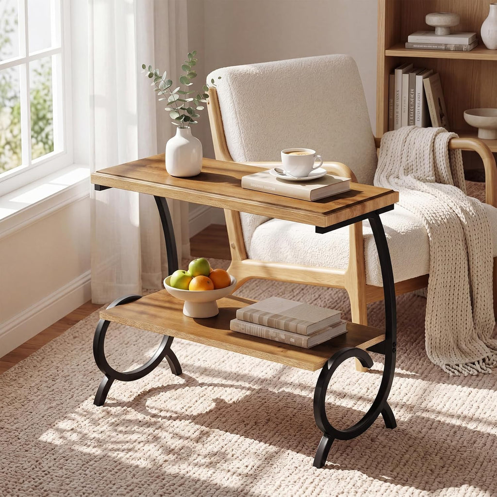 Tribesigns 2-Tier End Table, Narrow Couch Side Table with J-Shaped Metal Legs, Farmhouse Side Table for Couch, Wooden Bedside Nightstand for Living Room, Bedroom, Brown & Black
