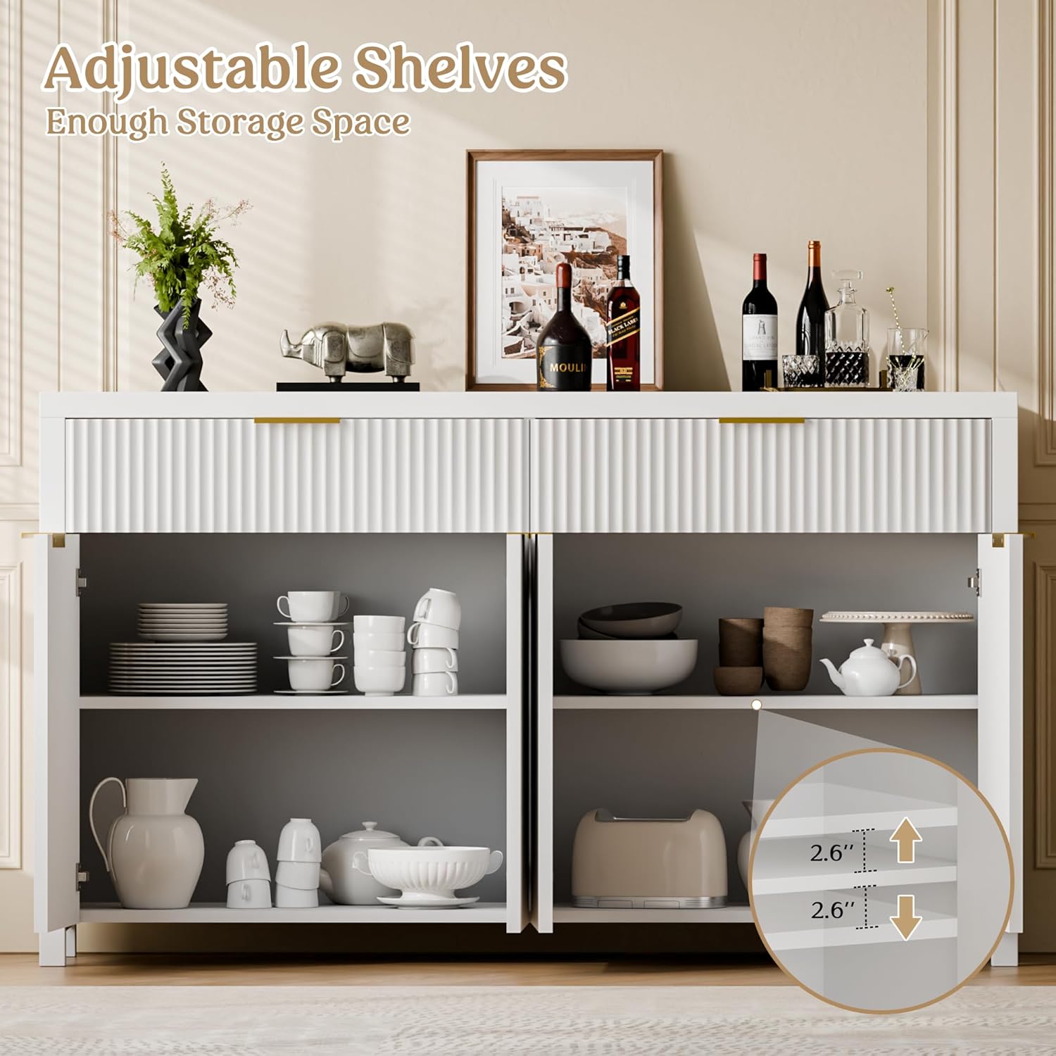 Lulive Fluted Storage Cabinet with Drawers Buffet Sideboard Cabinet with Adjustable Shelves for Kitchen Living Room, Kitchen, Entryway (White, 13.8" D x 55.09" W x 32.8" H)