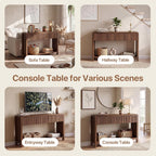 Seang Fluted Sofa Table with Power Outlets,47" Narrow Console Table with 2 Drawers Behind Couch,Curved Entryway Tables with Open Storage for Entrance,Hallway,Living Room,Dark Walnut