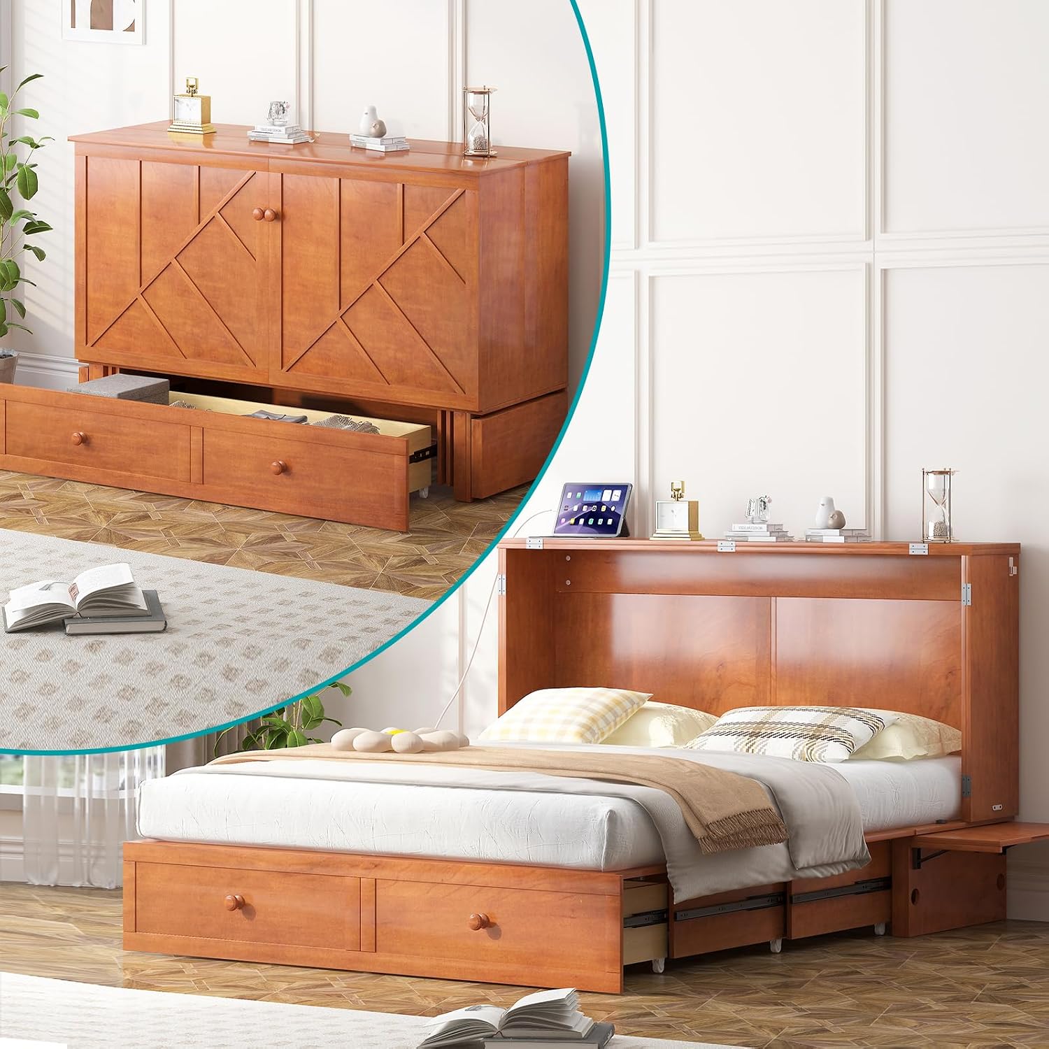 BALUS Murphy Cabinet Bed, Murphy Bed with Spacious Drawers,Queen Foldable Murphy Chest Bed with USB Charging Station for Living Room Apartment Bedroom,Cherry