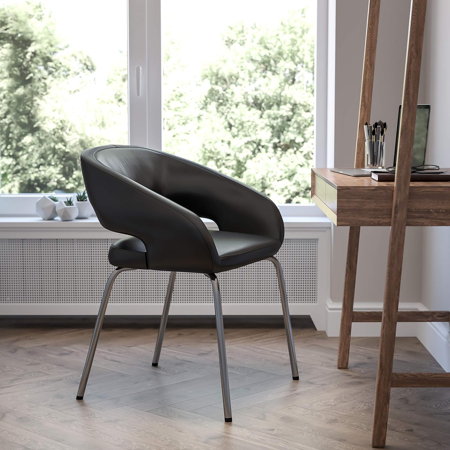 EMMA + OLIVER Contemporary Black LeatherSoft Side Reception Chair with Chrome Legs