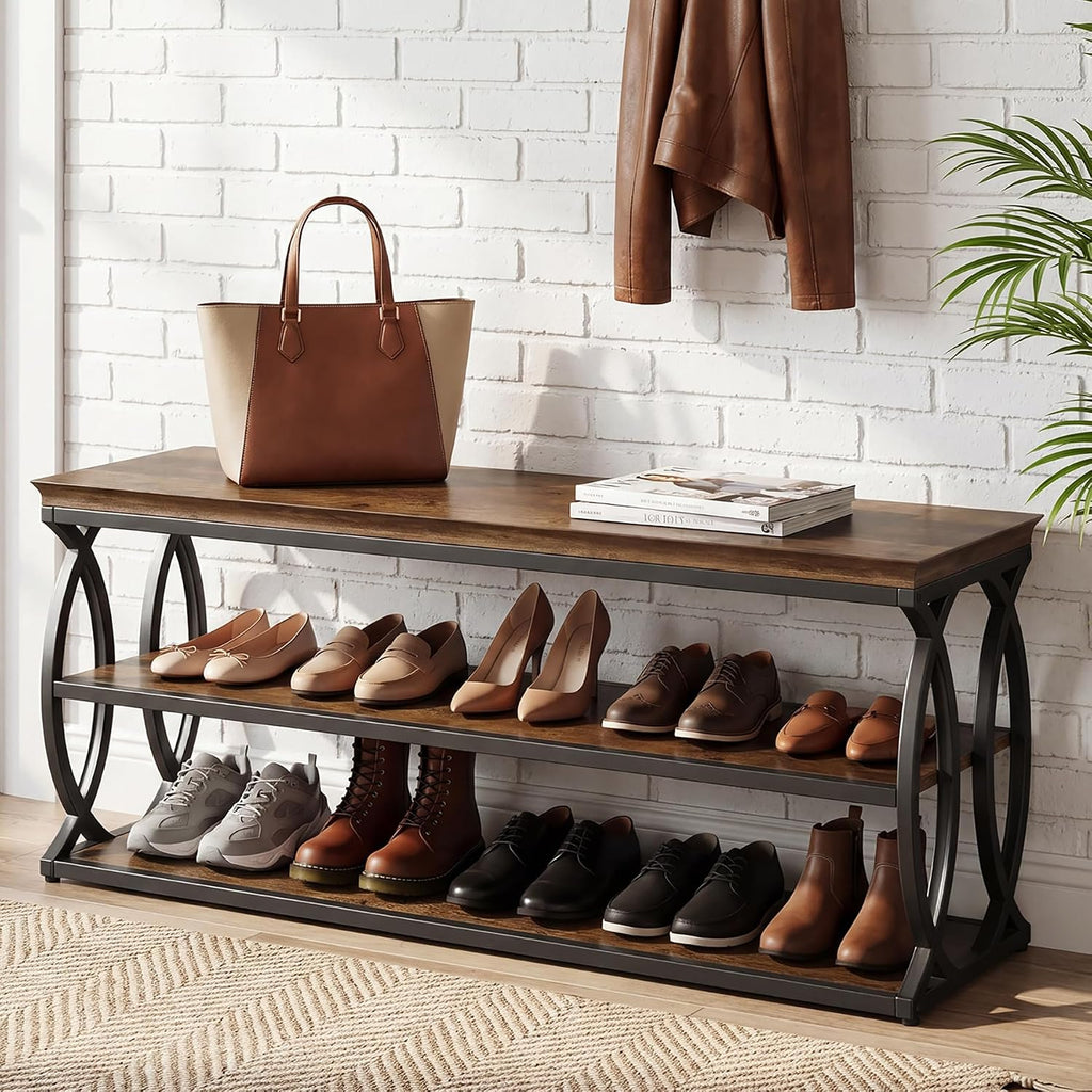 Tribesigns Entryway Shoe Storage Bench, 3-Tier Industrial Wooden Shoe Rack with Storage, Rustic Shoe Organizer with Sturdy Metal Frame for Hallway, Living Room, Closet
