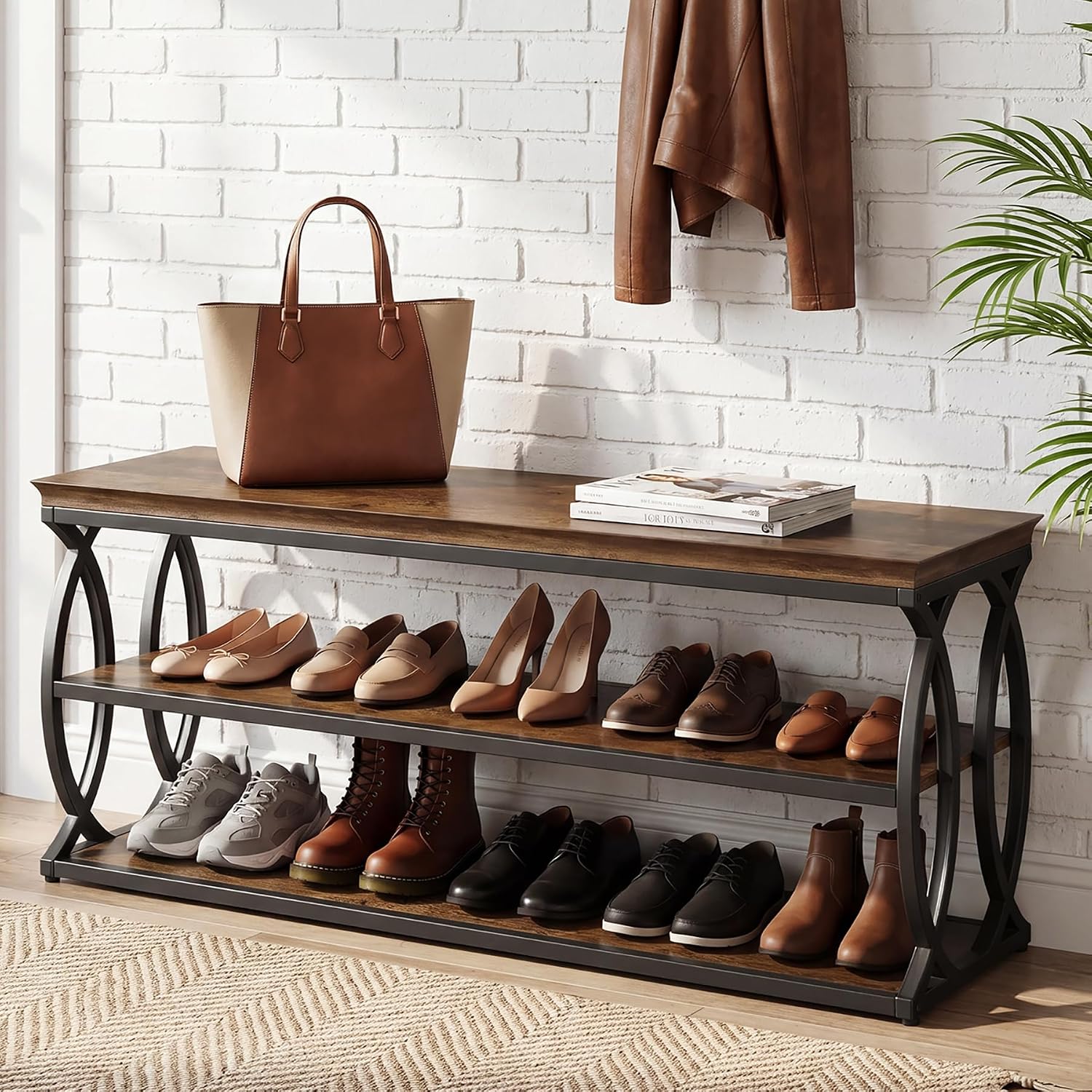 Tribesigns Entryway Shoe Storage Bench, 3-Tier Industrial Wooden Shoe Rack with Storage, Rustic Shoe Organizer with Sturdy Metal Frame for Hallway, Living Room, Closet