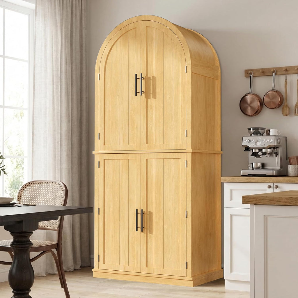 Einhomn 71" Tall Arched Pantry Cabinet, Farmhouse Wooden Kitchen Storage Cabinet with Adjustable Shelves, 6-Tier Door Shelves & Drawer, for Dining Room, Living Room, Bathroom, Natural