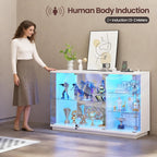 Gurexl 47.2" W Glass Display Cabinet with 3-Color LED Lights, 5-Tier Lockable Curio Cabinet with Human Body Sensor & Charging Station, Display Case for Collectibles, Living Room, Kitchen, White
