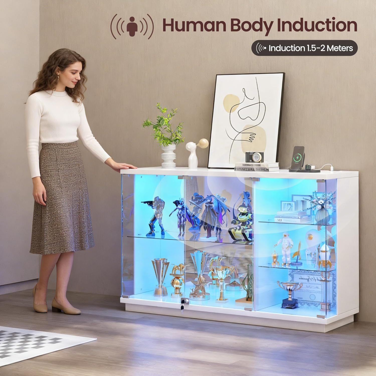 Gurexl 47.2" W Glass Display Cabinet with 3-Color LED Lights, 5-Tier Lockable Curio Cabinet with Human Body Sensor & Charging Station, Display Case for Collectibles, Living Room, Kitchen, White