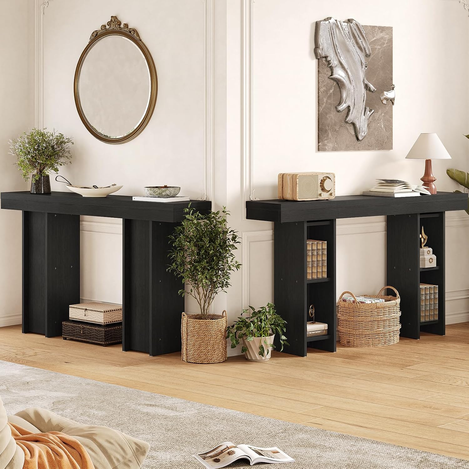 Modern Entryway Table, 55'' Wood Console Table with Storage Couch Table Behind Sofa Black Living Room Table for Entryway Hallway, Foyer