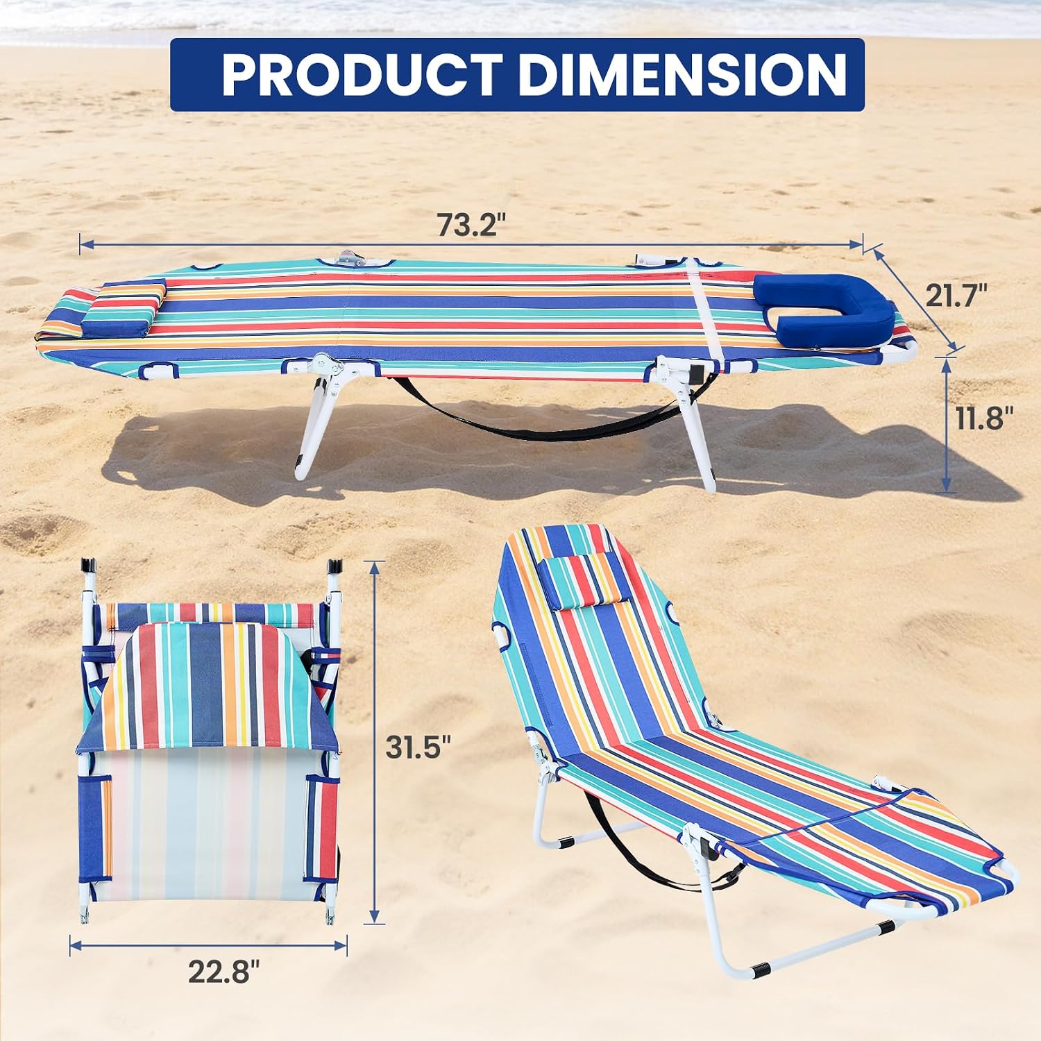 LILYPELLE Folding Chaise Lounge Chair with Mattress, 5 Position Beach Chair with Face Hole, Patio Chaise Lounge Chairs for Outside, Sunbathing, Camping, Pool, Beach, Poolside
