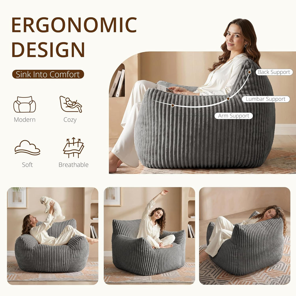 Bean-Bag Chair for Adults Teens - Large Corduroy Bean Bag Chairs with Back Support and Armrests, Adult BeanBag Lazy Sofa with Filler for Living Room, Bedroom, Reading, Grey