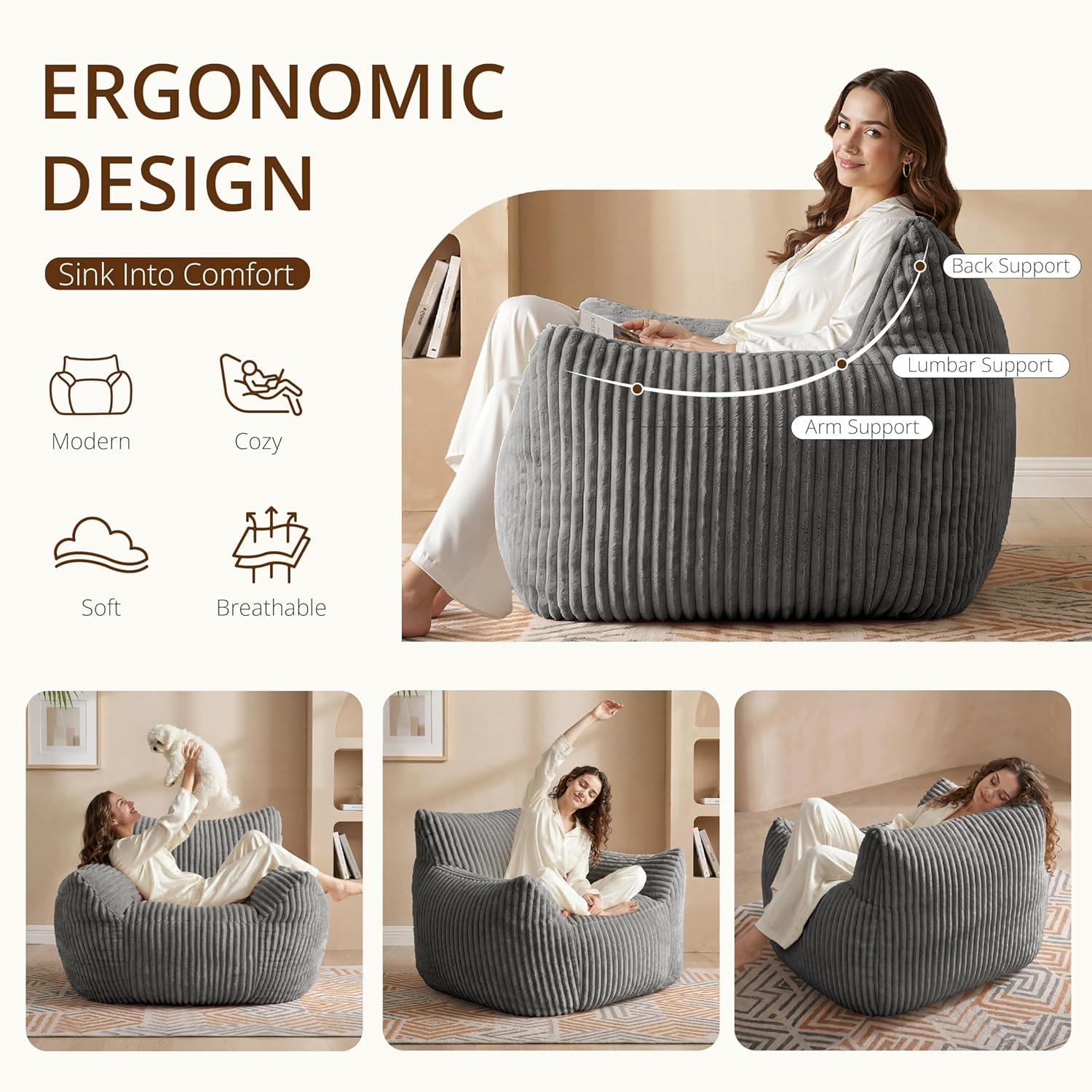 Bean-Bag Chair for Adults Teens - Large Corduroy Bean Bag Chairs with Back Support and Armrests, Adult BeanBag Lazy Sofa with Filler for Living Room, Bedroom, Reading, Grey