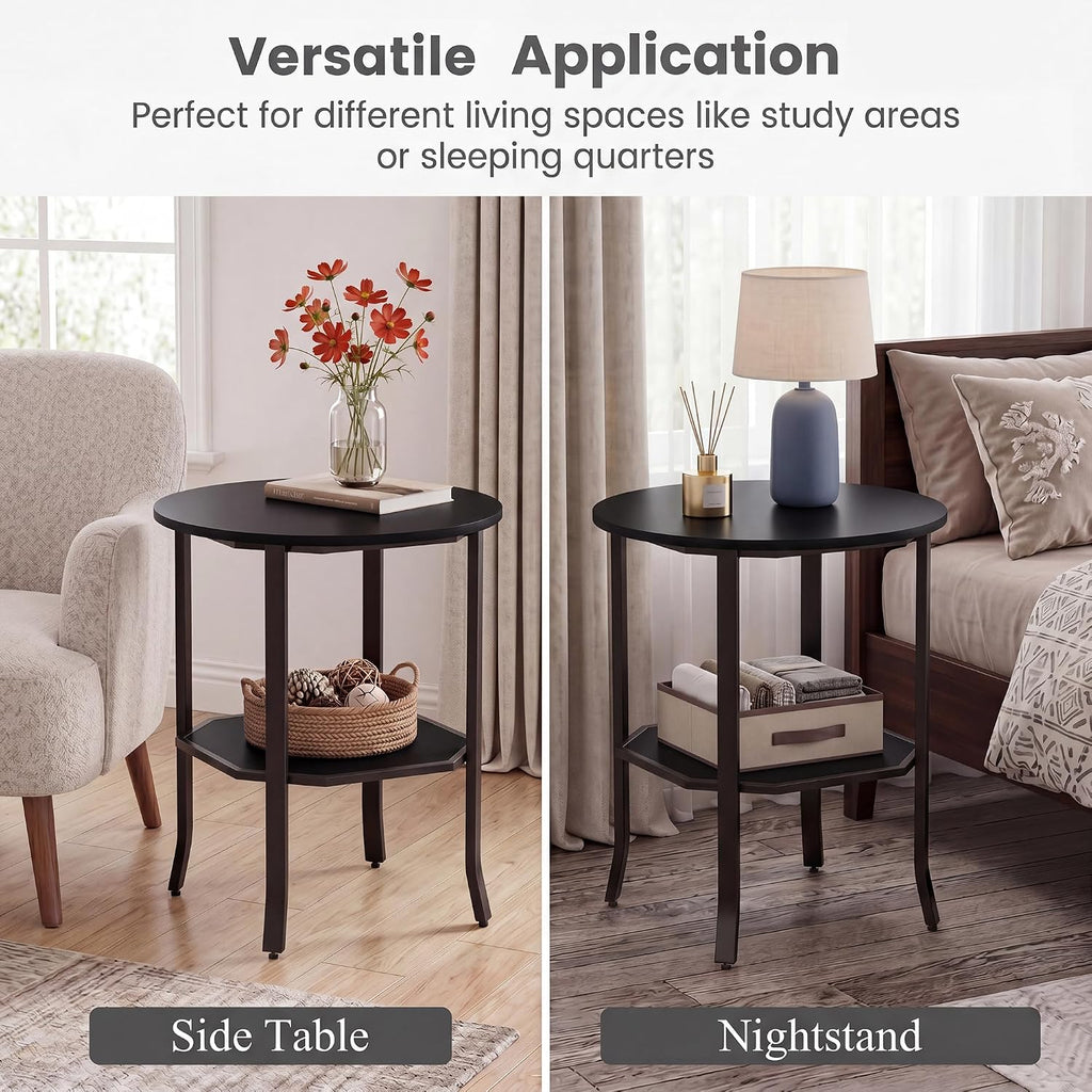 Tangkula 2-Tier Round Side End Table, Small Nightstand with Storage Shelf, Industrial Modern Bedside & Sofa Side Table for Small Space, Bedroom, Living Room, Home Office (2, Black)