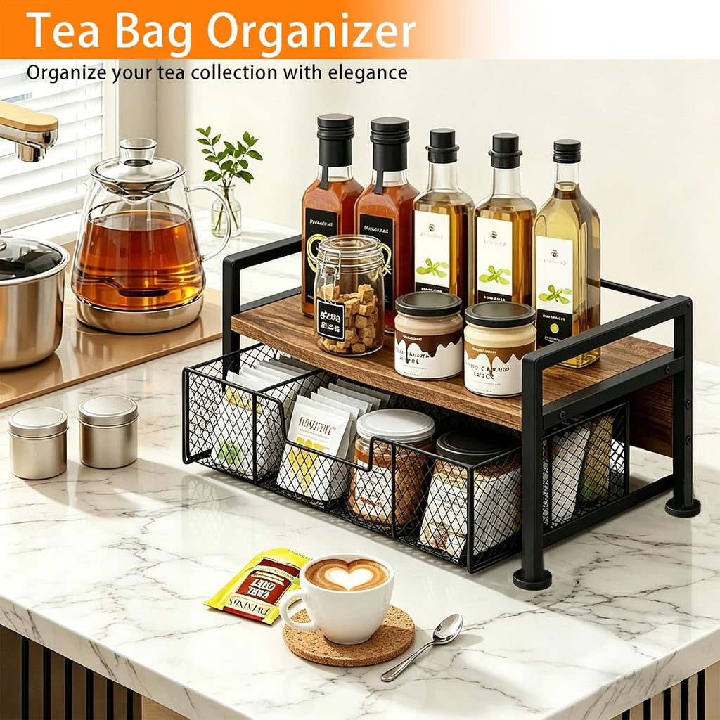 Tea Bag Organizer for Kitchen Countertop, Wooden Tea Box Organizer with Drawer and Top Tray, Tea Station Organizer, Tea Bag Holder and Tea Storage Box for Coffee Bar, Pantry, Rustic Brown