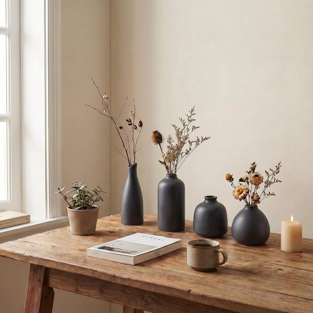 Black Bud Vases, Small Ceramic Vase Set of 11, Mini Pottery Vases for Flowers, Minimalist Boho Small Pampas Grass Flower Vase for Farmhouse Home Decor, Wedding Centerpiece, Shelf and Table Decoration