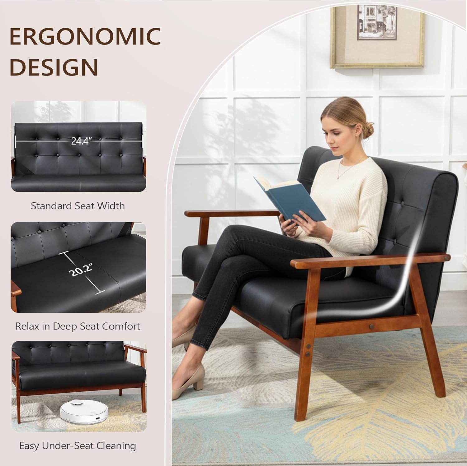 JIASTING Mid Century 1 Loveseat Sofa and 2 Accent Chairs Set Modern Wood Arm Couch and Chair Living Room Furniture Sets (8428 Black Set)