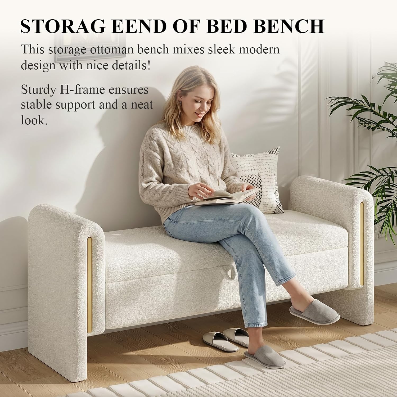 52" Storage Ottoman Bench, Teddy Upholstered End of Bed Bench with Pull-Ring, Storage Bench with Armrest, Window Bench Sturdy with Safety Hinge,Entryway Bench for Bedroom(Cream)