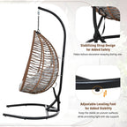 Mirightone Hanging Egg Chair with Stand, Foldable Wicker Egg Swing Chair for Patio Porch Balcony Bedroom, HDPE Rattan Hanging Chair with Plush Cushion, Removable Headrest & Adjustable Feet,Brown+Grey