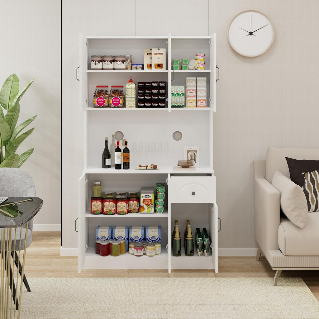 71" Tall Kitchen Pantry Storage Cabinet, Modern Kitchen Hutch Cabinet with Doors and Shelves, Freestanding Food Snacks Wine Buffet Counter for Dining Room, Living Room, White