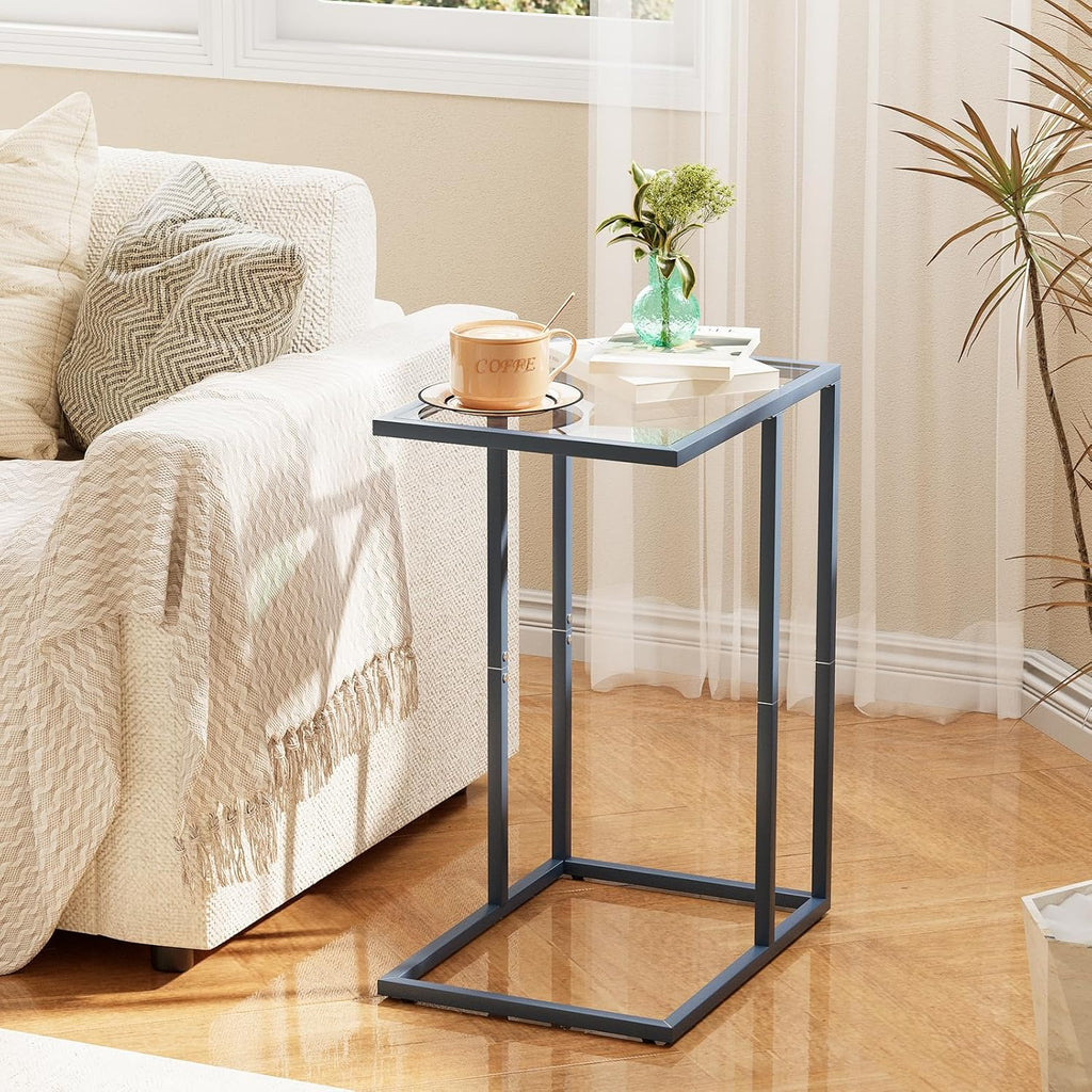 Easy Paws C Table End Table Set of 2, Glass Couch Side Table, Tempered Glass Snack Table with Metal Frame, TV Tray Table for Small Space, Sofa Couch Side Tableand Bed Side Table(Blue)
